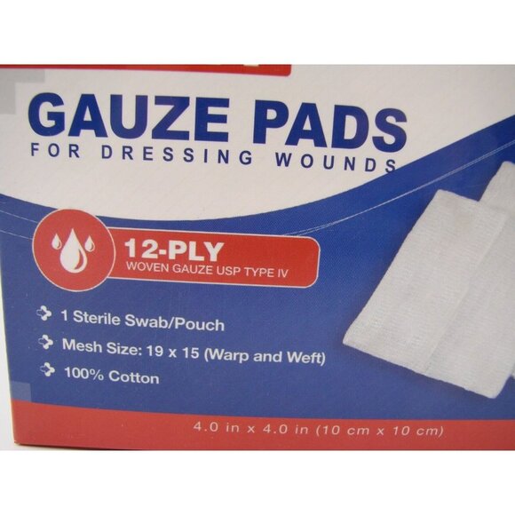 NEW Box Gauze Care Sterile Pads 100 Ct 4x4 Individual 12 Ply Wounds Dressing Cut - Picture 4 of 9